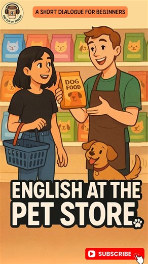 One Cup of English | Learn English Fast on Instagram: "🐶 At the Pet Store — Easy English for Beginners Learning English through real-life situations? Here’s a simple, natural conversation you can use at a pet store. Perfect for beginners who want clear, practical English for everyday life. 🛒🐶 This short dialogue shows you how to: • ask for help • choose the right pet food • talk to a store assistant • understand common questions in real English If you’re learning English for travel, work, or