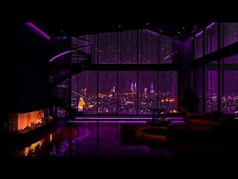🌃 Rainy Night in NYC Bedroom 💜 Neon Lights & Warm Fireplace Sounds for Deep Sleep