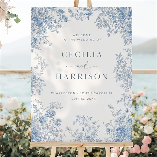 Toile Wedding Welcome Sign, Dusty Blue Welcome Template, Traditional Floral Wedding Sign, Editable Wedding Signage, French Roses Poster, C1 - Etsy