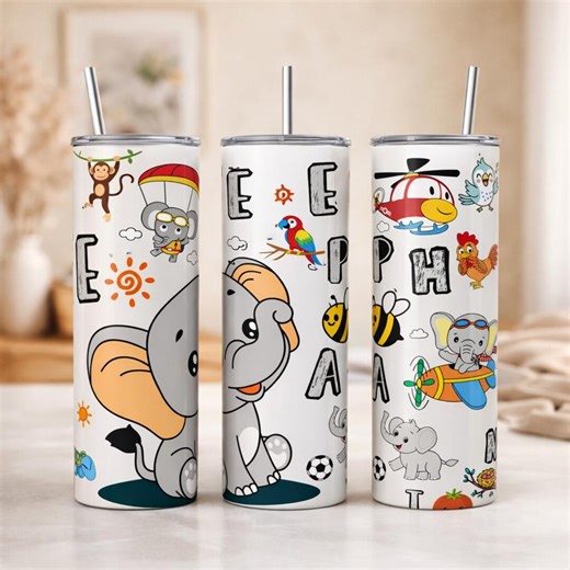 Elephant Alphabet Tumbler Wrap PNG | 20oz Skinny Kids Sublimation Design | Cute ABC Animal Wrap | Preschool Learning Digital Download - Etsy