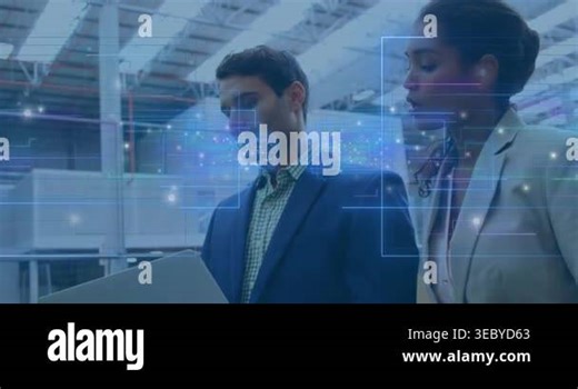 Showing team in business and safety attire at laptop, worker entering, joining in reviewing overlay. Industrial, warehouse, collaboration, device, interface, holographic, data Stock Video Footage - Alamy