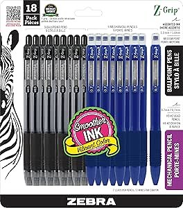 Zebra Pen Z-Grip Writing Set, Retractable Ballpoint Pens and Mechanical Pencils, Medium Point, #2 HB Lead Pencils, Black Ink, School Supplies, Teacher Supplies and Office Supplies, 18-Pack (24218)