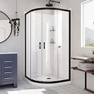 DreamLine Prime 33 inch x 33 inch x 76 3/4 inch Semi-Frameless Sliding Shower Enclosure in Matte Black and Clear Glass, Shower Base, and Wall Kit in White