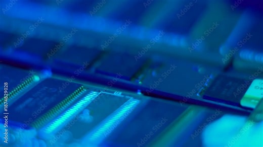 Computer RAM Memory Sticks in Blue Light, Close Up