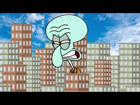Squidward destroys the buildings and gets grounded