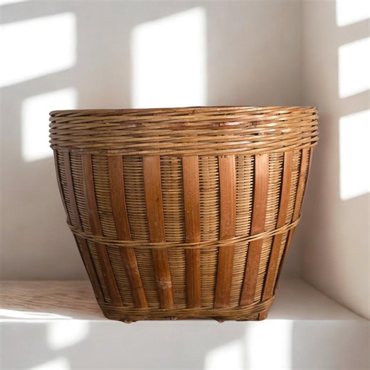 Vintage Bamboo Basket Storage Container Bathroom Organizer Woven Design Rustic Kitchen Handcrafted Natural Rattan Bohemian Decor - Etsy