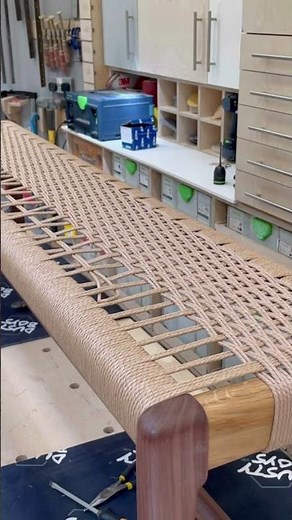 Weaving a danish cord bench is easy! #woodworker #diywoodworking #finewoodworking #furnituremaking