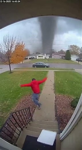 Pizza Delivery Man Freezes as a Tornado Appears Behind Him (Security Camera)
