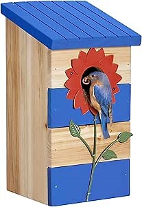Kingsyard Blue Bird Houses for Outdoors - Wooden Bluebird House for Bluebirds Titmice Chickadees with Sunflower Predator Guard, Red Flower-Blue