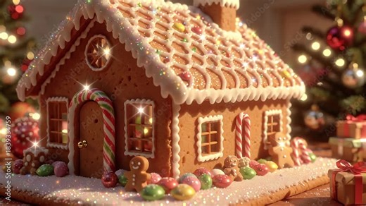 Festive Gingerbread House with Christmas Decorations and Lights.