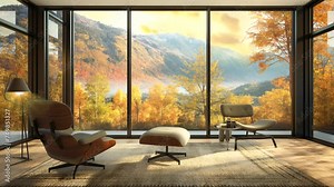 "Windowed Ambiance: A space featuring sizable windows on both sides, inviting natural light and panoramic views, seamless looping time-lapse animation video background by AI."