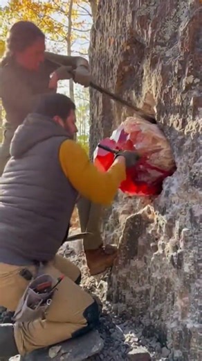Extracting a Giant Red Crystal Directly from the Rock Wall