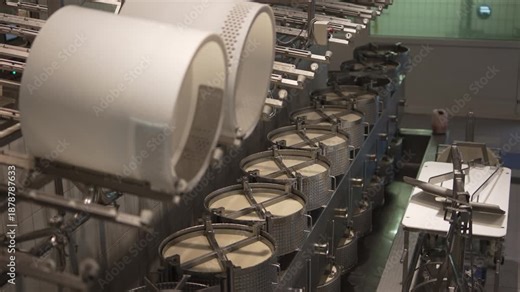 Cheese Production in Swiss Factory with Industrial Molds.Filmed on July 15,2025.