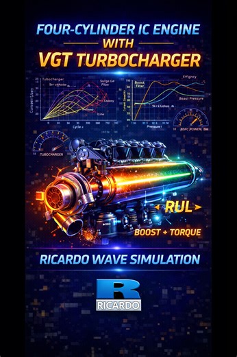 Matlab projects Code on Instagram: "🚗 Ricardo WAVE Simulation of a Four-Cylinder Engine with VGT Turbocharger This project presents a 1-D engine performance simulation of a four-cylinder internal combustion engine integrated with a Variable Geometry Turbocharger (VGT) using Ricardo WAVE. 🔹 Engine air-path & combustion modeling 🔹 VGT turbocharger operation and control 🔹 Boost pressure & torque improvement 🔹 Brake power, BSFC & efficiency analysis 🔹 Suitable for automotive powertrain & engin