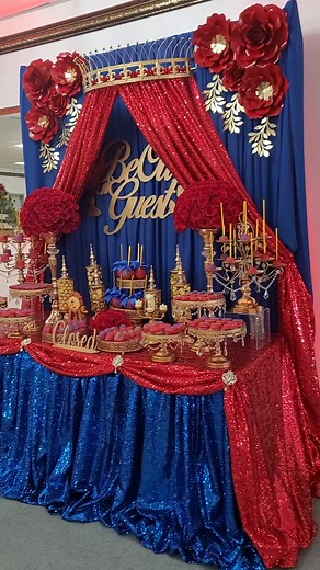 Beauty and the Beast Quinceañera Table Decorations and Backdrop Ideas