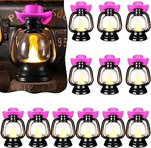 ROCEEI 12 Pieces Cowboy Hats Mini Lantern Western Cowgirl Small Lantern Decoration Retro Tiny Lamp with LED Candle Hanging Table Centerpieces Decor for Wedding Birthday Party Favor (Pink)