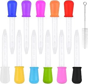 11 Colors Liquid Droppers Clear Medicine Silicone and Plastic Pipettes Eye Dropper with Bulb Tip for Kids Candy Molds，Feed liquid dropper，Equipped with cleaning brush，For DIY Projects(5 ml）