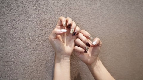 Handmade 3D Press On Nails Short Coffin,New Year Valentine False Nails Burgundy Silver Glitter with Geometric Line Art & Hand-Set Rhinestones - 10Pcs Luxury Design (Fiery Red Lips,S)