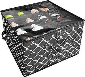 Shoe Storage Organizer, Large Shoe Storage Container Box Foldable, Fabric Shoes Storage Bin with Clear Cover Adjustable Dividers Shoes Organizer for 16 Pairs Children Adult Teen Shoes Black