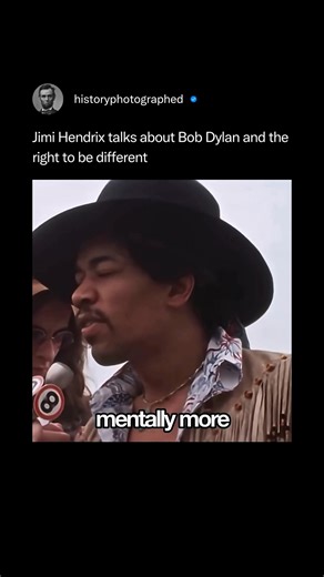 Jimi Hendrix expressed deep admiration for Bob Dylan, noting that Dylan's authentic approach gave him the confidence to sing his own material. In various statements, Hendrix defended the right to be different, advocating for individual expression and a free point of view in society, regardless of how one looked. | History In Pictures