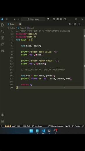 power function in c programming | day - 82 #viral #trending #shorts #youtubeshorts #cprogramming