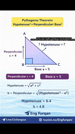 Civil Engineer Surveyor on Instagram: "📐 Right Angle Triangle | Pythagoras Theorem Explained In this post, we solve a right-angled triangle using Pythagoras Theorem. 🔹 Given values • Base (a) = 5 • Perpendicular (c) = 4 • Right angle at B 🔹 Formula 👉 Hypotenuse² = Base² + Perpendicular² 👉 Hypotenuse = √(a² + c²) 🔹 Calculation Hypotenuse = √(5² + 4²) Hypotenuse = √(25 + 16) Hypotenuse ≈ 6.4 This method is widely used in surveying, civil engineering, construction layout, and site measurement