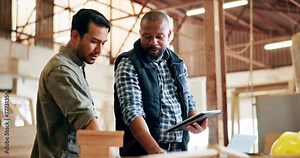 Woodwork, construction and men with tablet in discussion for manufacturing, planning or production. Craftsman, diversity and idea with technology for building, inspection or teamwork on wooden design