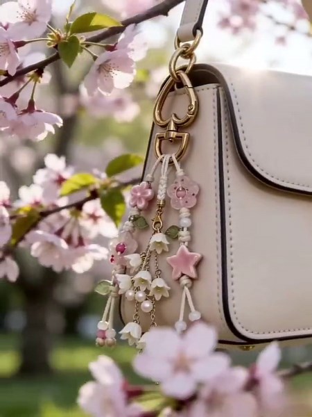 Spring Floral Bag Charm, Lily of the Valley Keychain, Pink Blue Beaded Phone Strap, Cherry Blossom Accessory, Cute Gift for Her