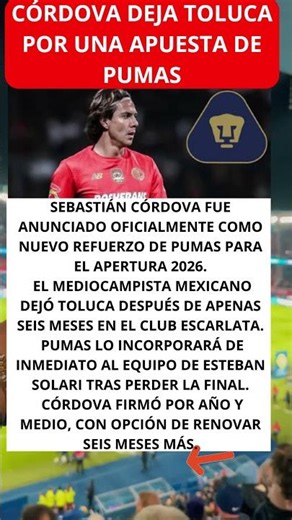 Córdova deja Toluca por una apuesta de Pumas