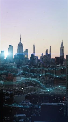 Aerial view of futuristic smart city with glowing digital network overlay. Data connections and