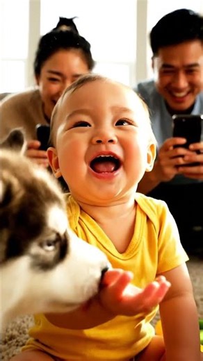 Baby Swarmed By Fluffy Husky Puppies!