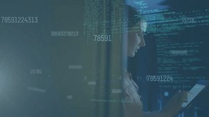 Animation of data processing over caucasian female engineer using digital tablet at server room. Cyber security and business data storage technology concept