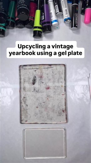 Andrew Steinbrecher Art and Design on Instagram: "Gel plate printing in a vintage yearbook 📖 If you’ve never tried printing inside old books, their matte and uncoated pages grab the paint beautifully. Glossy pages? Not so much. So as long as it’s uncoated and has matte pages, this works incredibly well for gel plate printing. You can: ▪️ Flip the book onto the plate, press, and pull ▪️ Flip the plate onto the page and peel the plate back ▪️ Flip the plate onto the page, flip over the book, and 