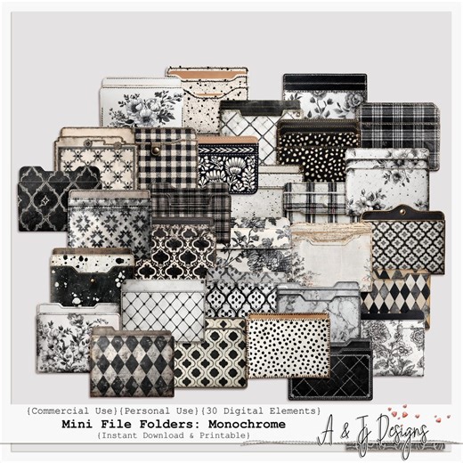 Mini File Folders: Monochrome | Graphic Paper Pockets | Junk Journal Tucks & Scrapbooking Ephemera - Etsy