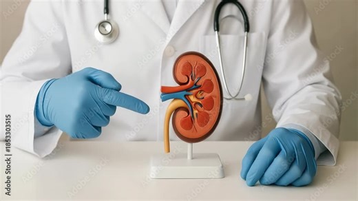 Detailed Exploration of Kidney Anatomy: A Medical Professional Demonstrating the Structure and Function of a Kidney Model with Emphasis on Important Features.