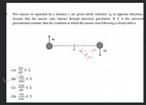 Two masses m separated by a distance r are given initial veloci... | Filo