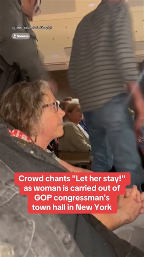 A woman was carried out from a rowdy town hall held by GOP Rep. Mike Lawler in Somers, New York, on Sunday as other attendees chanted "Let her stay!" and "Shame!" Lawler said on his X account on Monday that she was escorted out of the town hall by state police after "repeatedly disrupting the event, disrespecting fellow attendees, abusing my staff, and ignoring orders by state police." The woman, who identified herself as Emily Feiner, admitted she broke the rules when she felt Lawler didn't ans
