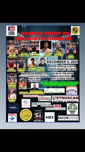 Big thanks to all who contributed to the fantastic RUMBLE NIGHT ON THE NORTH SHORE III event on December 5, 2025. We appreciate our faithful sponsors, talented Boxers, loving family and friends! #highlandparkil #boxing #lakeforestillinois #northbrookillinois #boxingclass #boxingworkout #boxeo #highwoodil #boxinggroupclasses #illinoisboxinghalloffame | Warehouse Gym & Boxing Club