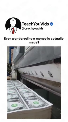 Teach You Vids on Instagram: "Ever wondered how money is actually made? 💵✨ From special cotton-blend paper to security threads, watermarks, and precision printing, every note goes through layers of science and engineering to make it nearly impossible to fake. What looks simple in your wallet is actually a high-tech masterpiece built for durability and security. The more you learn, the less “ordinary” it feels. This video is for educational purposes only. DM for credit/ removal. #MoneyFacts #How
