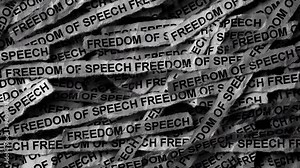 Strips of newspaper with the words Freedom of speech typed on them. Black and white. Close up.