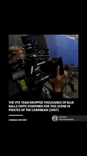 To achieve the visual effect of the Kraken attacking the Black Pearl in Pirates of the Caribbean: At World's End, the visual effects (VFX) team dropped thousands of blue balls onto stuntmen. This practical method allowed them to capture realistic interactions and physics of the tentacles wrapping around the ship's rigging and crew before digitally replacing the blue balls with computer-generated tentacles. Credit: The Walt Disney Company | History In Pictures