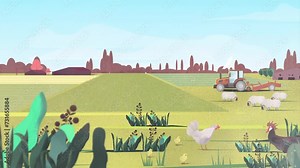 2d Rendered Animated Illustration Of Organic Food Farming Scene, Tractor, Farmer, Planes, Chickens. Stock Video