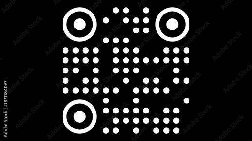 Random and meaningless QR-Code Pattern. Loops. A high-contrast, abstract frame featuring a random, constantly shifting QR-code–like pattern composed of clean white dots and circular markers.