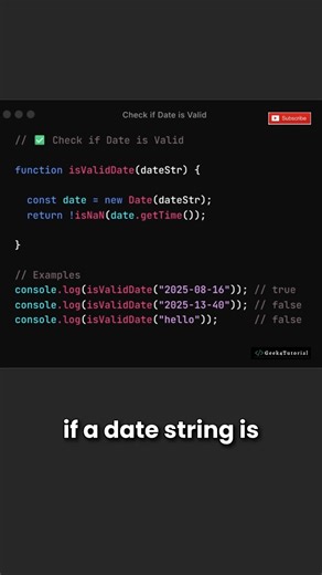 tech_with_JD on Instagram: "How to check if a date is valid in JavaScript? . . . . . #javascript #reactjs #html #css #jquery #frontend #webdeveloper #string #interviewquestions #javascriptdeveloper #programming #codingmemes #codingchallenge #cod #codingmemes #coder #microsoft #aws #azure #gcp #api #github #backend #programming #reels #reelsinstagram #trendingreels #trending #aws #trendingréels"