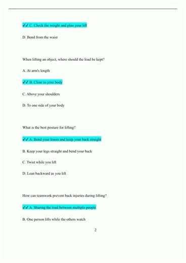 Back Injury Prevention Training Questions and Answers Latest Version Already Passed