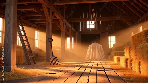 Cinematic wooden barn interior with golden sunlight streaming onto hay bales and a mysterious covered object, rendered in a detailed 3D animation style for rural mystery concepts.