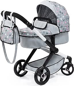 Bayer Design Dolls: Pram Xeo - Grey, Pink, Stars - Includes Shoulder Bag, Fits Dolls Up to 18', Convertible to A Pushchair, Adjustable Handle & Swivel Front Wheels, Accessory for -Plush Toys, Ages 3+