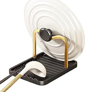 Anti-Rust Metal Spoon Rest with Lid Holder, Heat-Resistant Pot Lid Rest, Multifunctional Spatula Holder While Cooking for Stovetop and Kitchen Counter – Black Gold