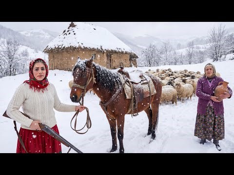 Life in a Snowy Mountain Village | Baking Traditional Bread & Cooking Lentil Soup
