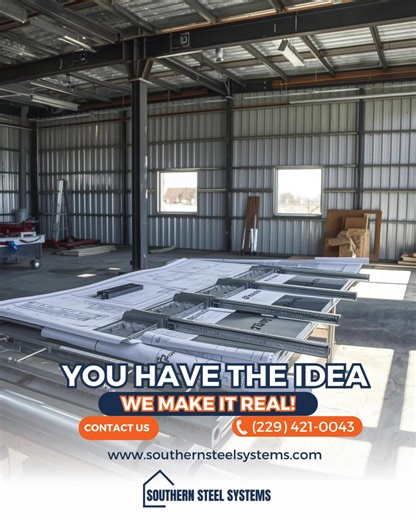 Every great idea deserves a solid foundation. 🏗️ At Southern Steel Systems, your vision is just the start, we turn it into a strong, functional, and lasting metal building that fits your needs perfectly. From concept to completion, we make it real. ☎️(229) 421-0043 💻 www.southernsteelsystems.com
